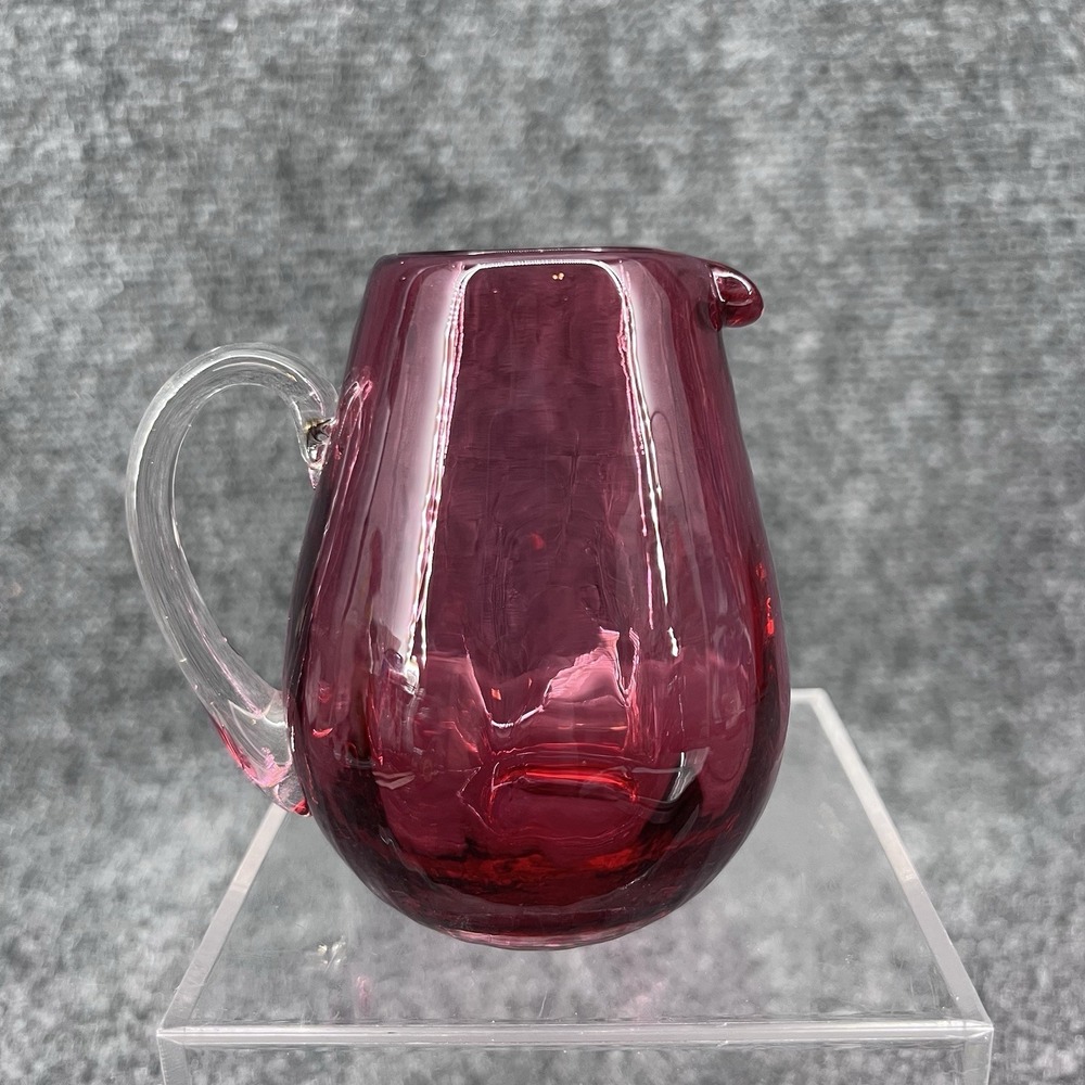 Vtg Pilgrim Cranberry & Clear Small 3.5" Hand Blown Glass Creamer Pitcher
